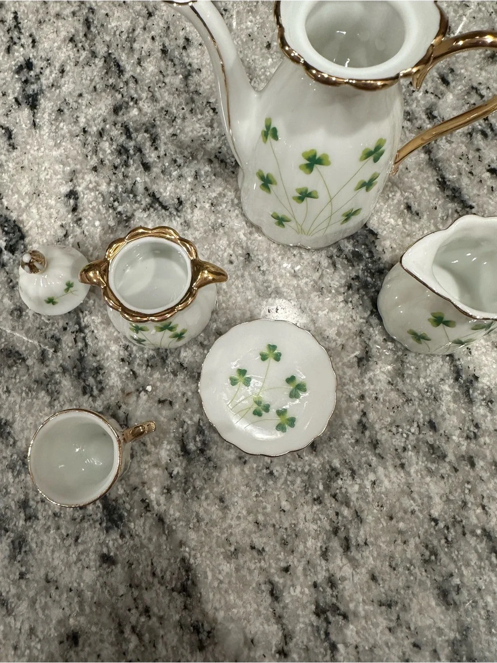 Lefton Shamrock Mini Tea Set with Gold Trim - White and Green